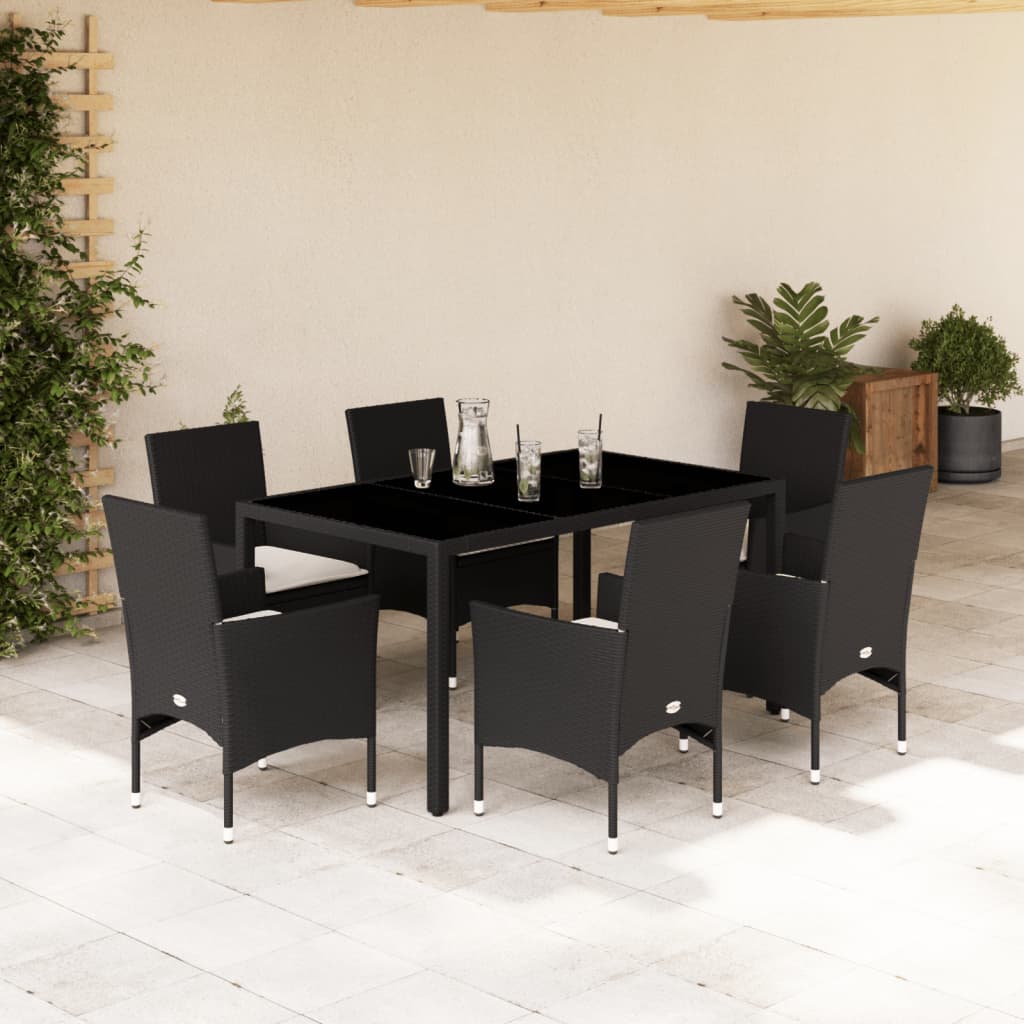 3-tlg. Garten-Essgruppe mit Kissen Schwarz Poly Rattan Glas
