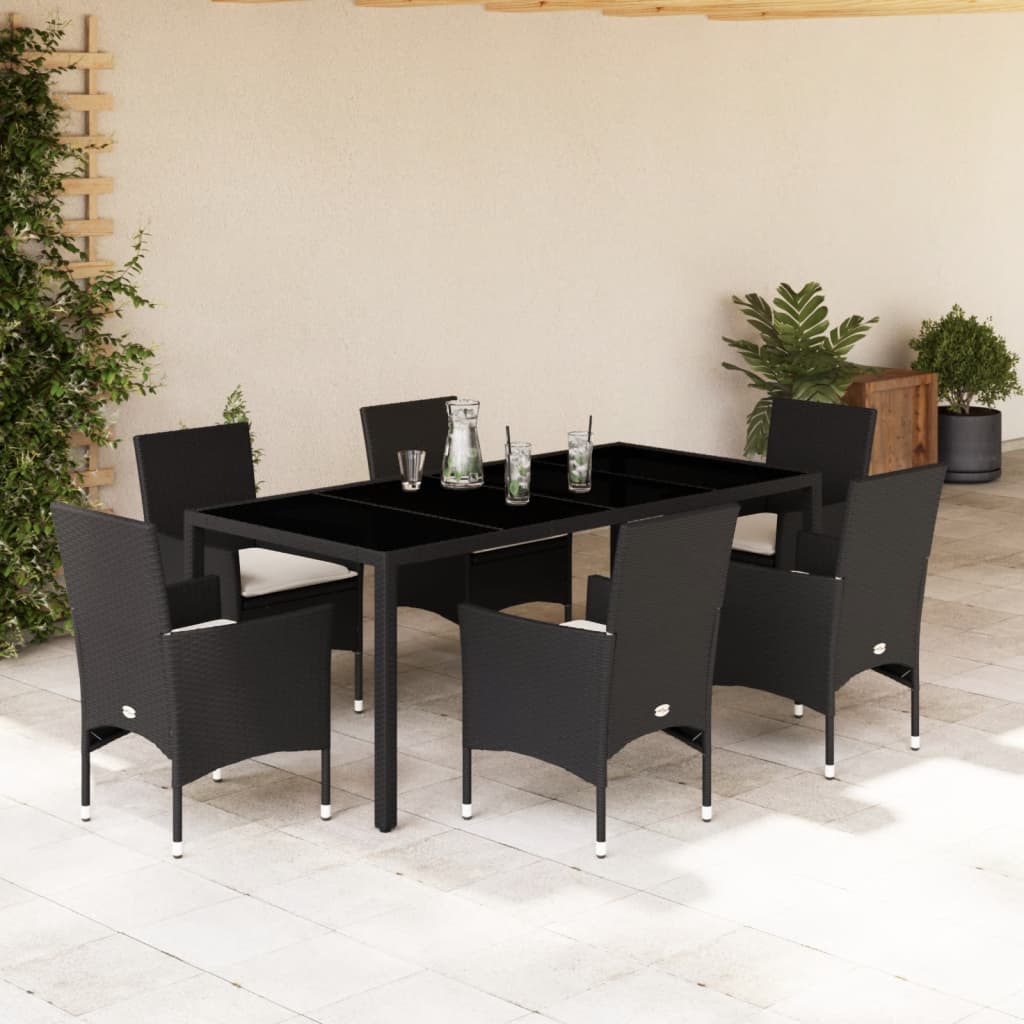 3-tlg. Garten-Essgruppe mit Kissen Schwarz Poly Rattan Glas