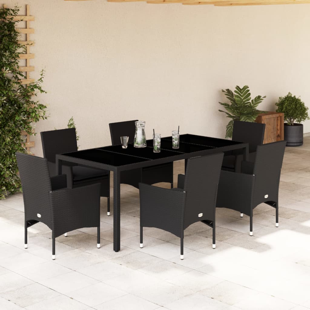 3-tlg. Garten-Essgruppe mit Kissen Schwarz Poly Rattan Glas