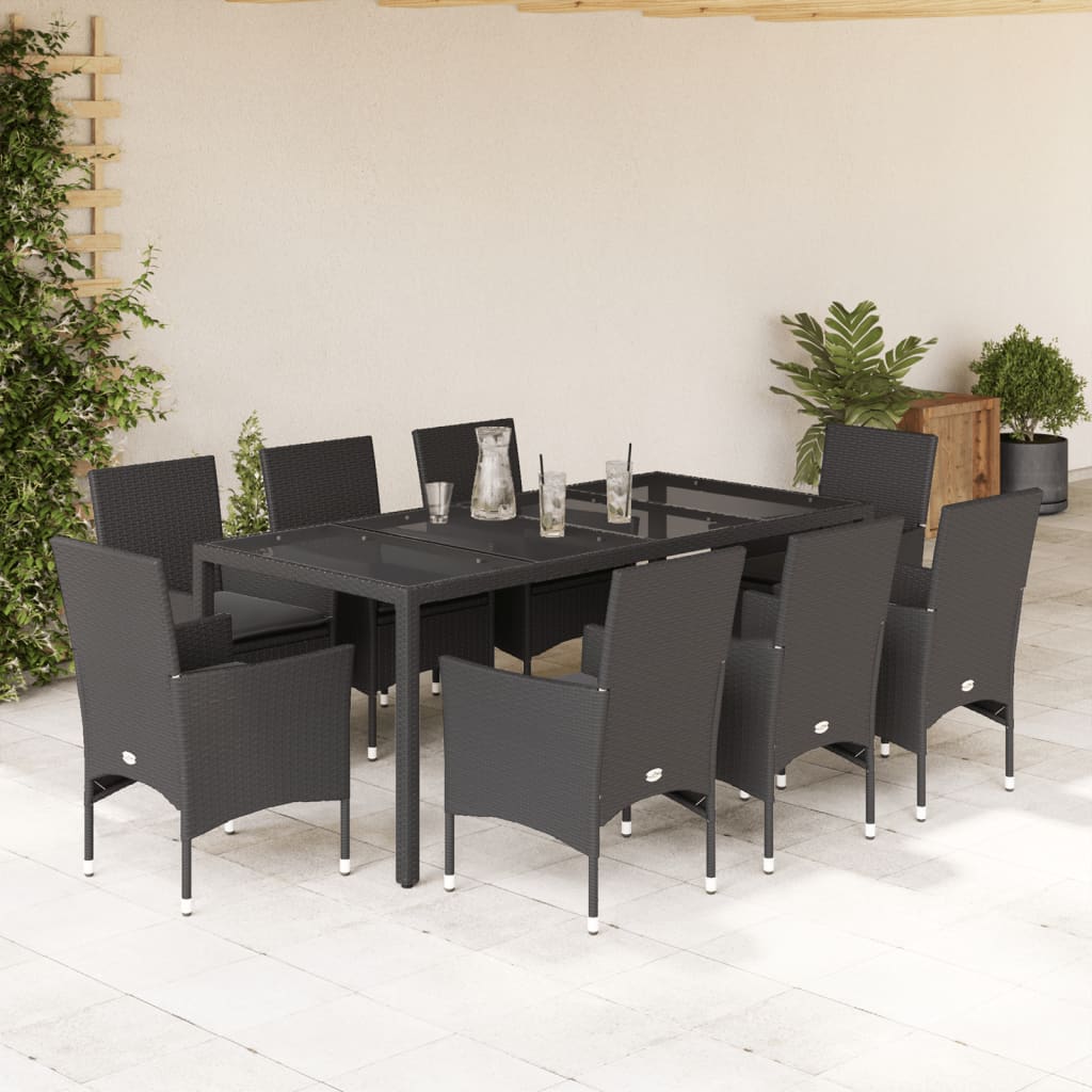 3-tlg. Garten-Essgruppe mit Kissen Schwarz Poly Rattan Glas