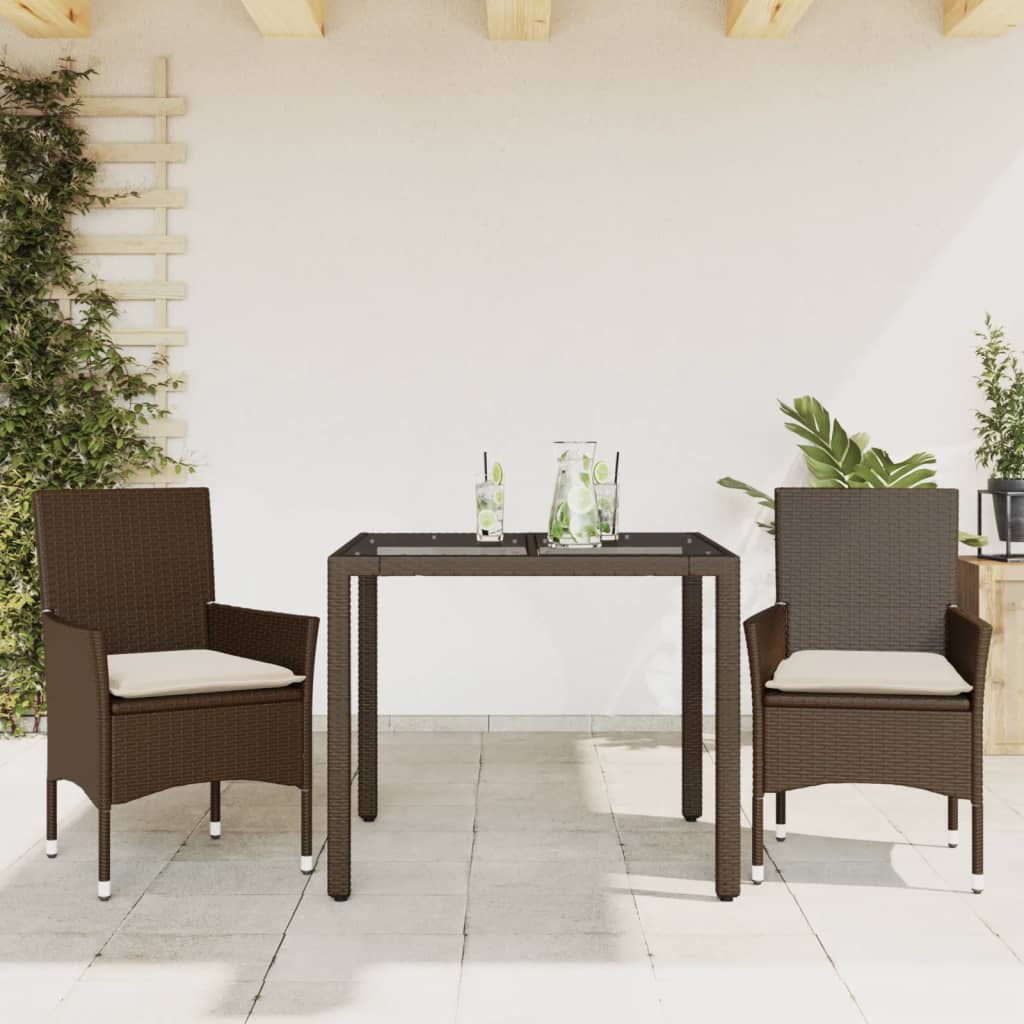 3-tlg. Garten-Essgruppe mit Kissen Schwarz Poly Rattan Glas