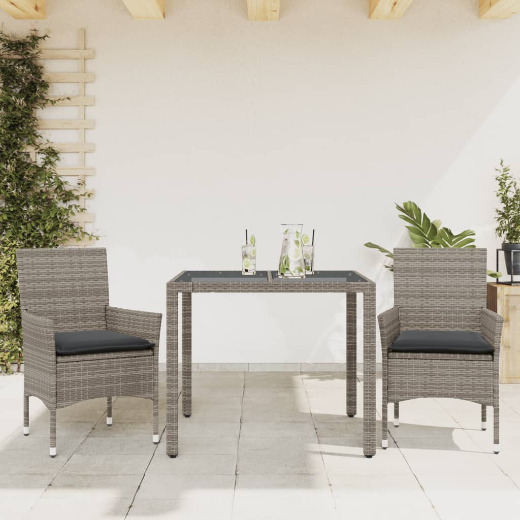 3-tlg. Garten-Essgruppe mit Kissen Schwarz Poly Rattan Glas