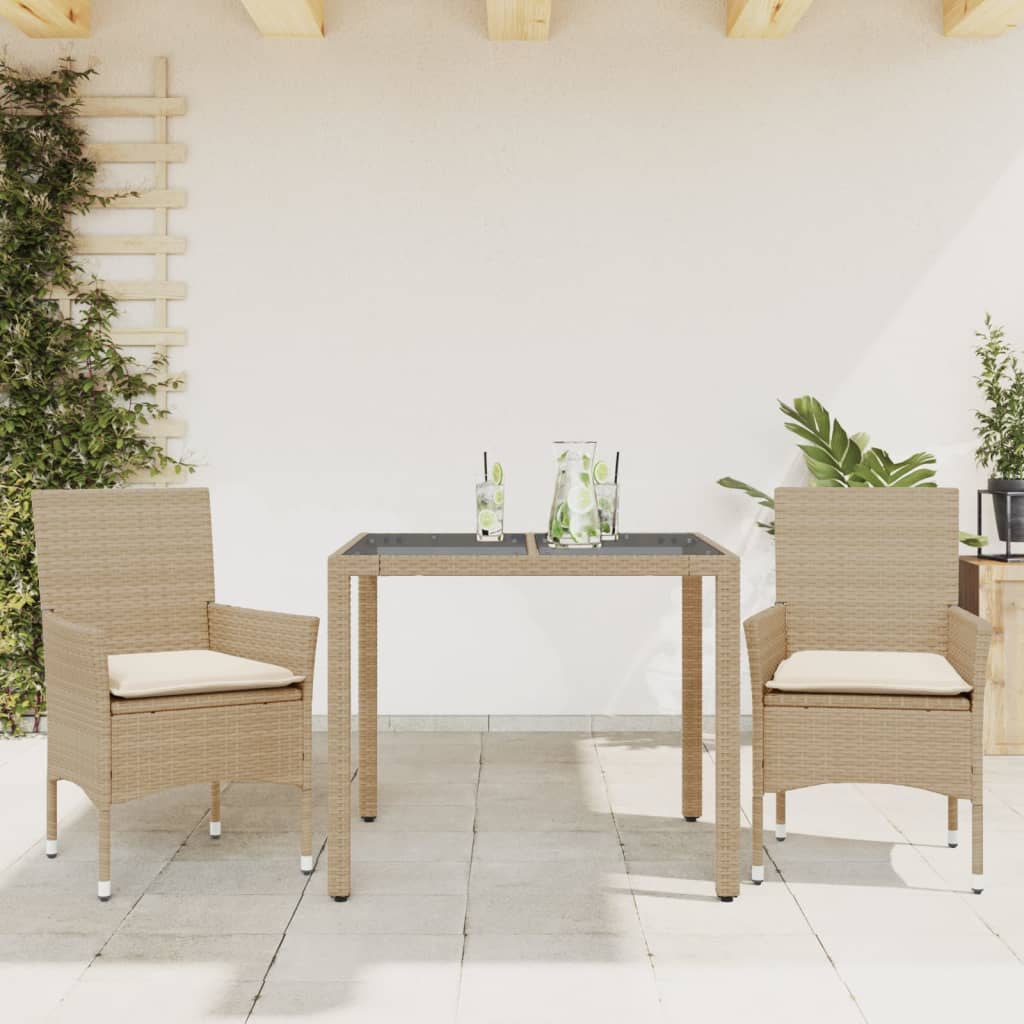 3-tlg. Garten-Essgruppe mit Kissen Schwarz Poly Rattan Glas