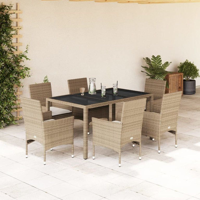 3-tlg. Garten-Essgruppe mit Kissen Schwarz Poly Rattan Glas