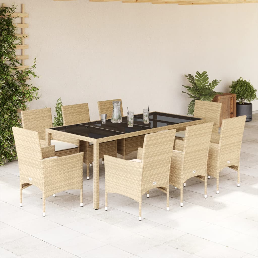 3-tlg. Garten-Essgruppe mit Kissen Schwarz Poly Rattan Glas