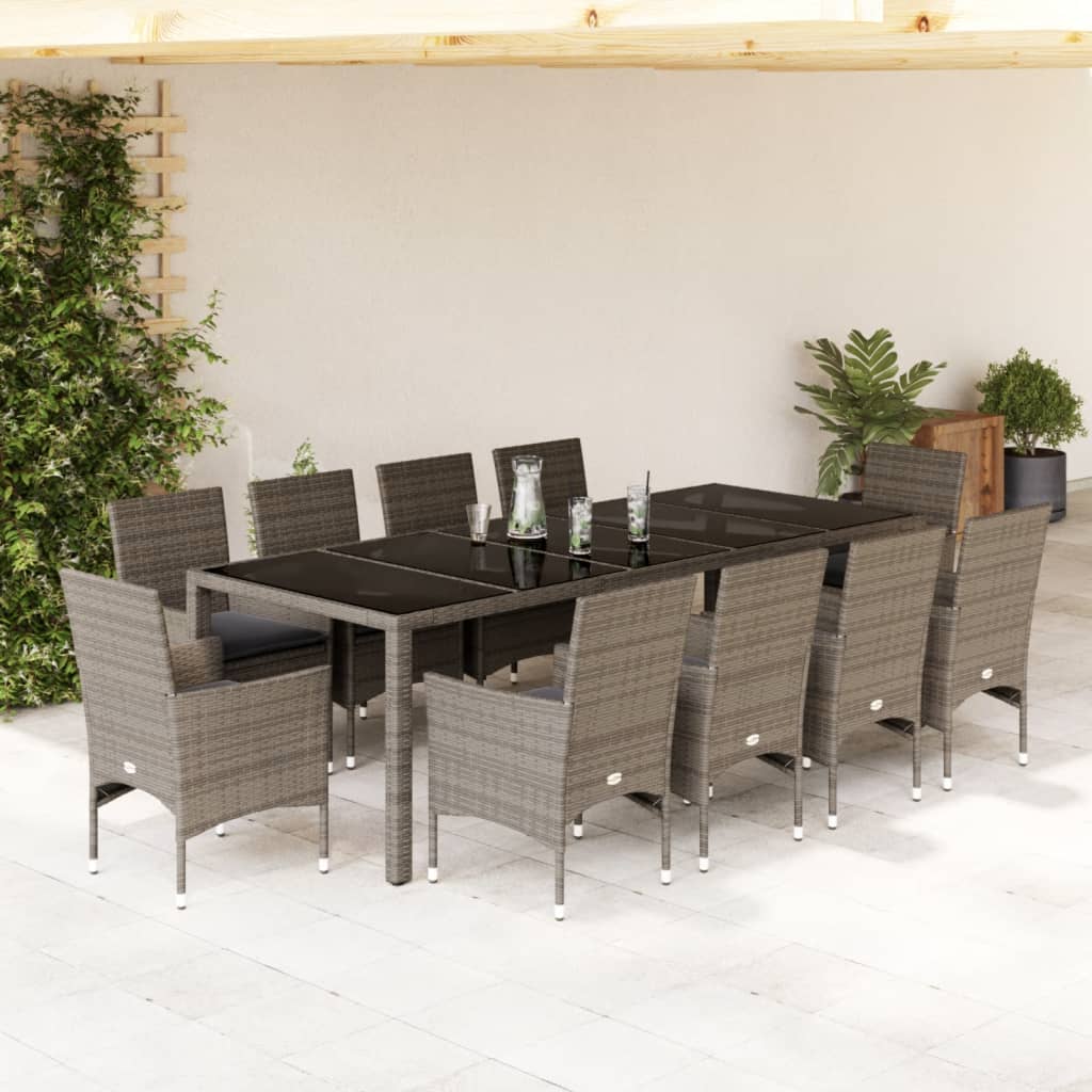 9-tlg. Garten-Essgruppe mit Kissen Grau Poly Rattan und Glas