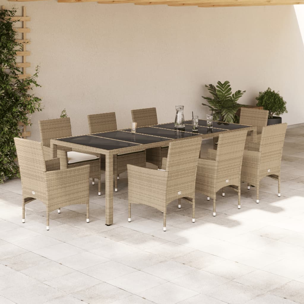 9-tlg. Garten-Essgruppe mit Kissen Grau Poly Rattan und Glas