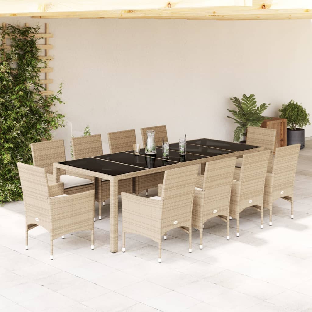 9-tlg. Garten-Essgruppe mit Kissen Grau Poly Rattan und Glas