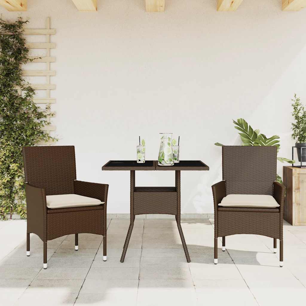 3-tlg. Garten-Essgruppe mit Kissen Schwarz Poly Rattan Glas