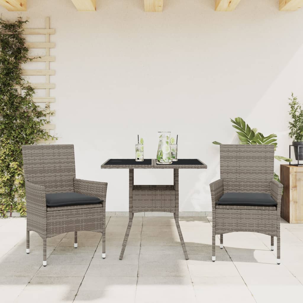 3-tlg. Garten-Essgruppe mit Kissen Schwarz Poly Rattan Glas