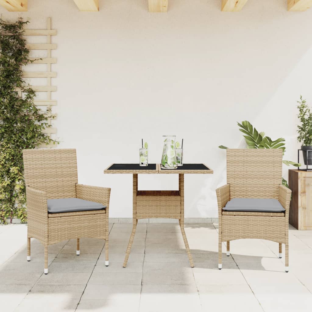 3-tlg. Garten-Essgruppe mit Kissen Schwarz Poly Rattan Glas