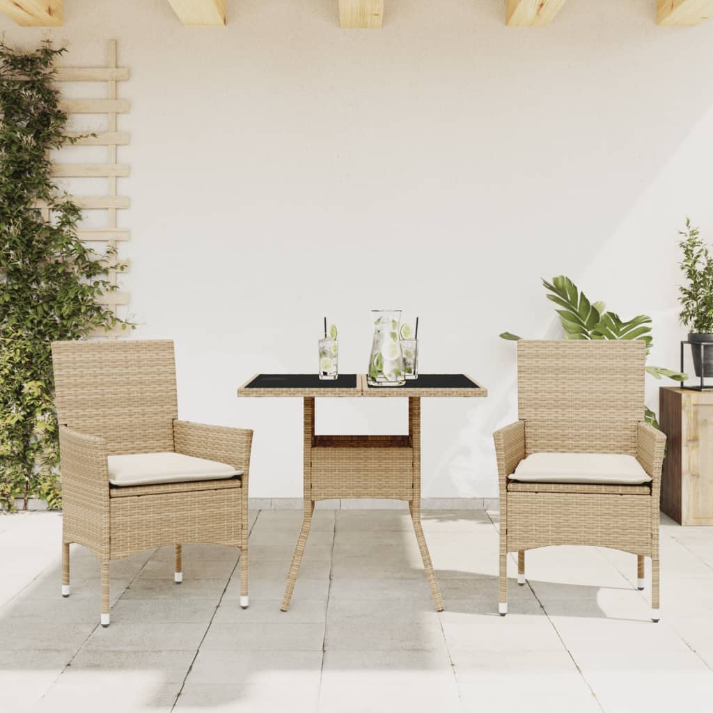 3-tlg. Garten-Essgruppe mit Kissen Schwarz Poly Rattan Glas