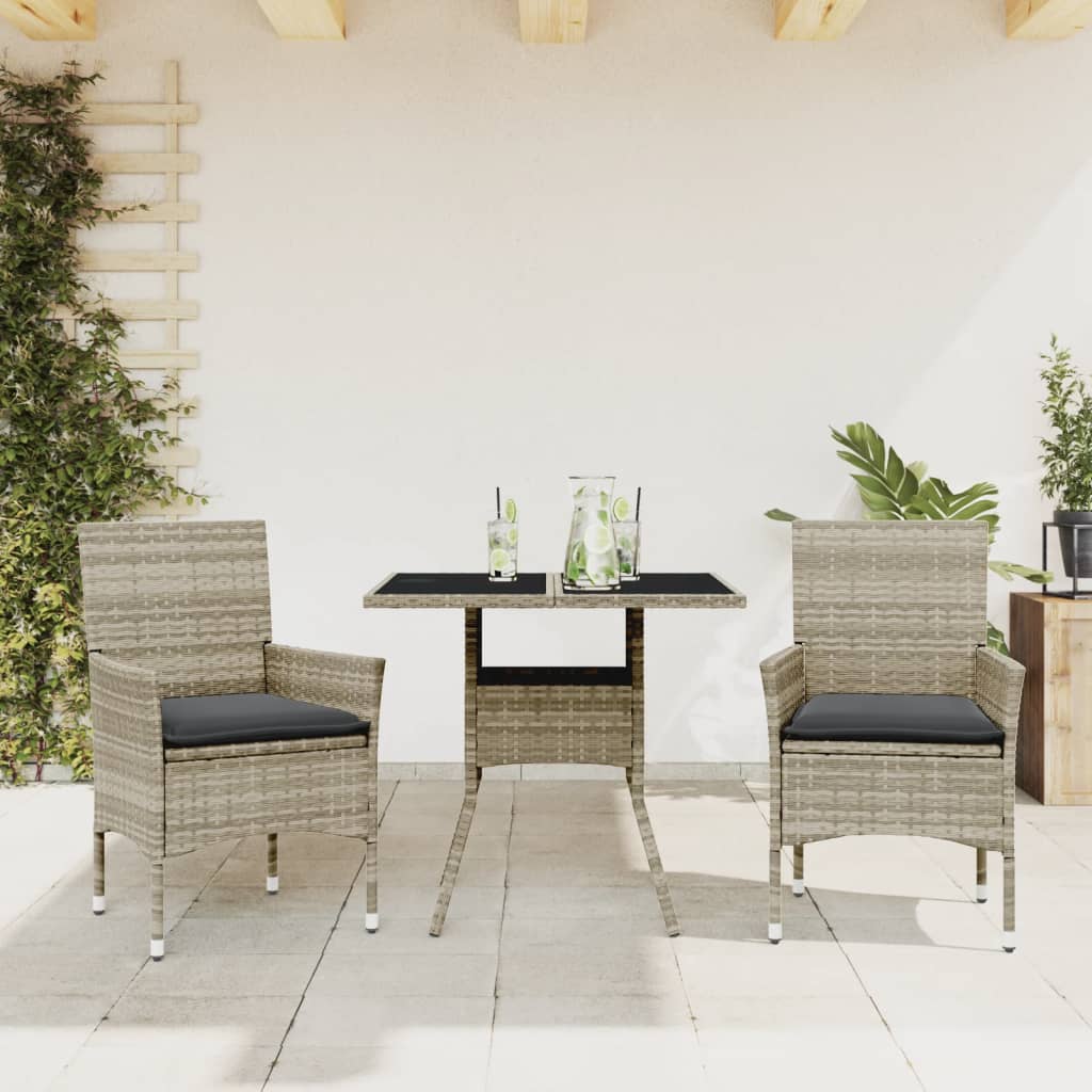 3-tlg. Garten-Essgruppe mit Kissen Schwarz Poly Rattan Glas