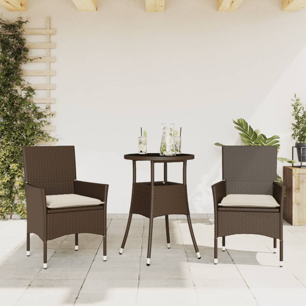 3-tlg. Garten-Essgruppe mit Kissen Schwarz Poly Rattan Glas