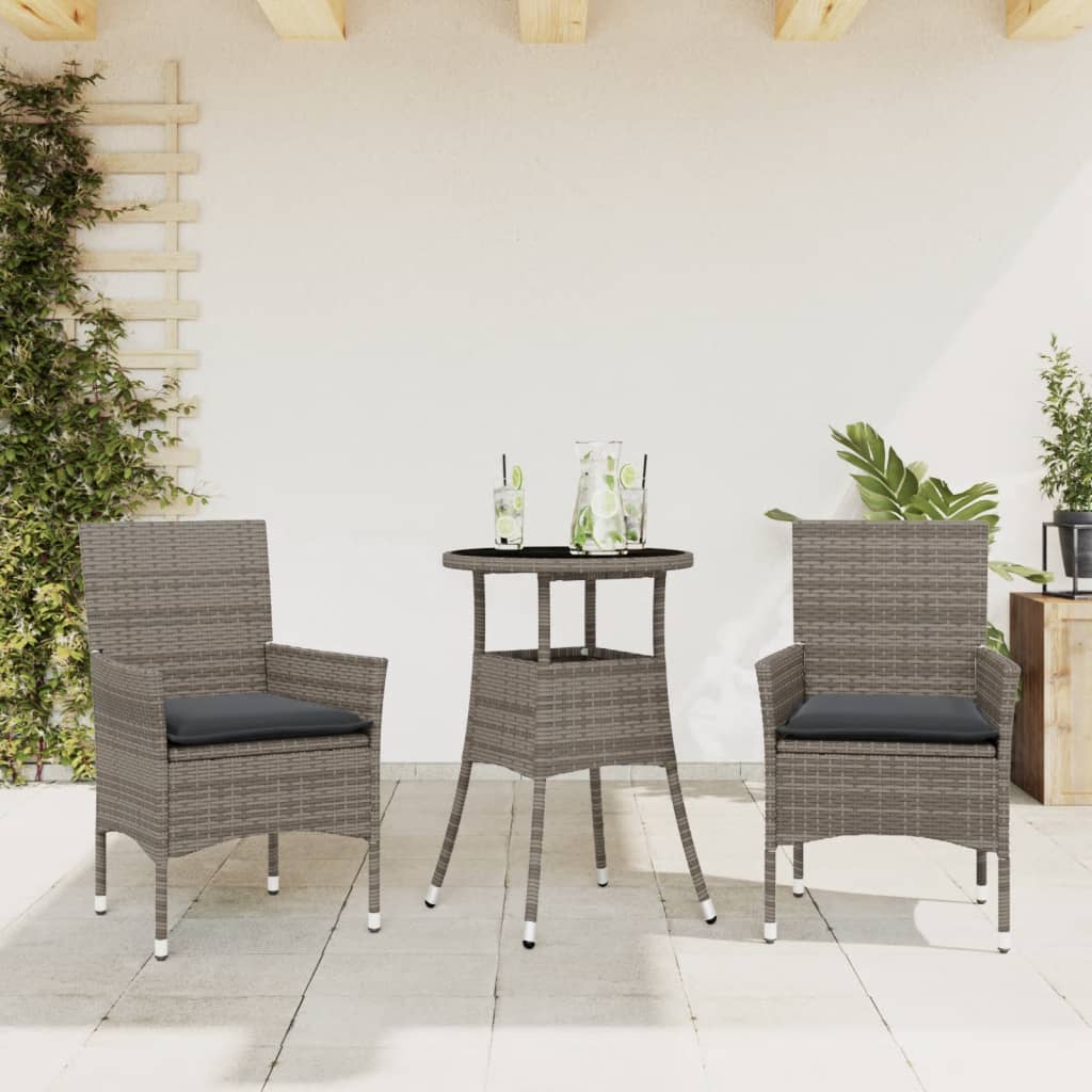 3-tlg. Garten-Essgruppe mit Kissen Schwarz Poly Rattan Glas