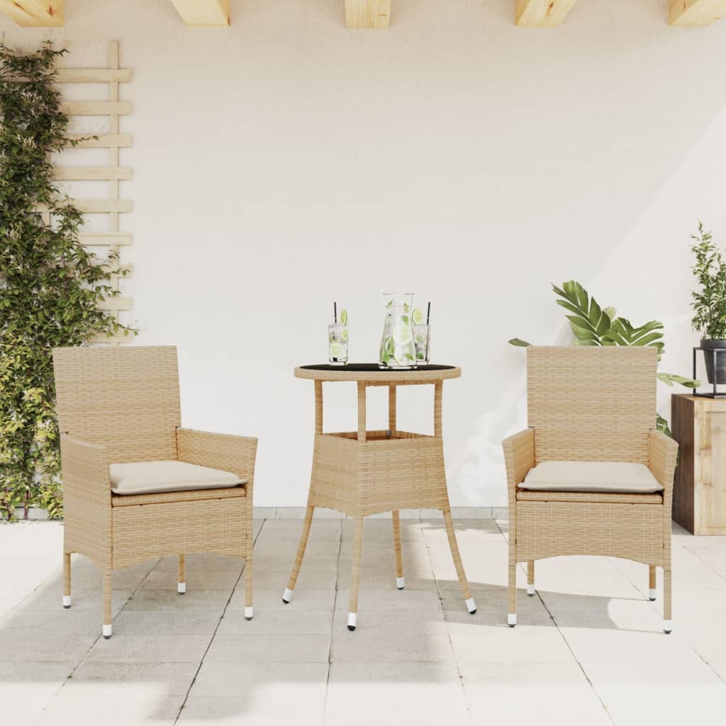 3-tlg. Garten-Essgruppe mit Kissen Schwarz Poly Rattan Glas