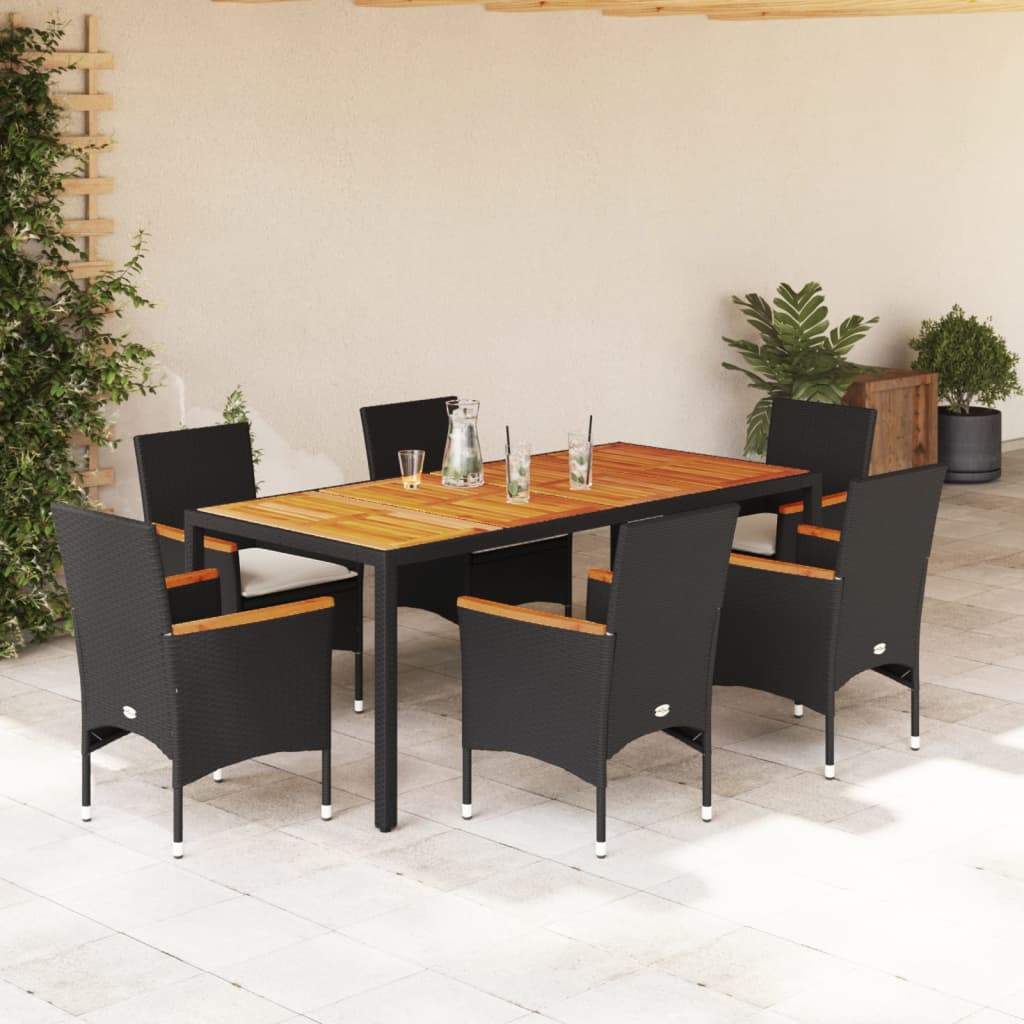 3-tlg. Garten-Essgruppe mit Kissen Schwarz Poly Rattan Akazie