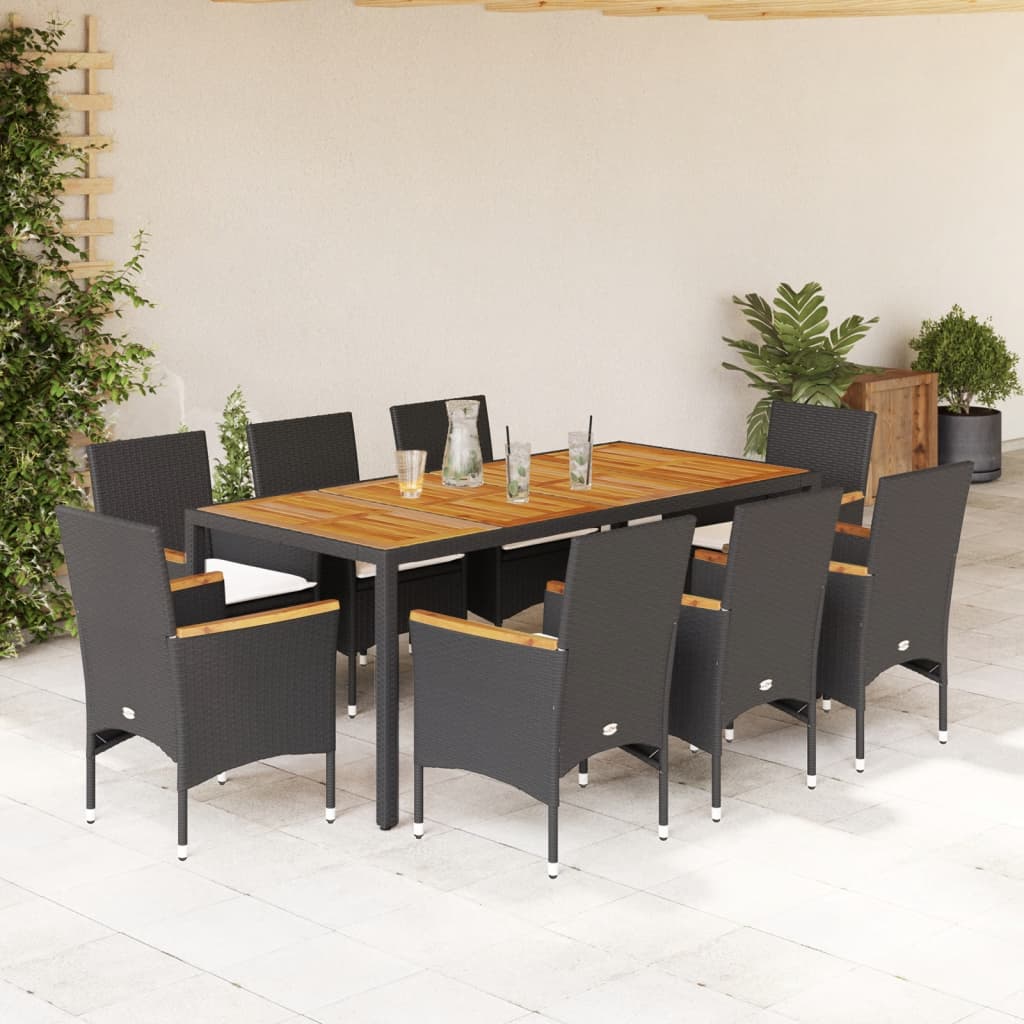 3-tlg. Garten-Essgruppe mit Kissen Schwarz Poly Rattan Akazie