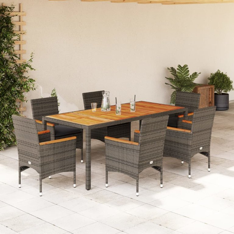 3-tlg. Garten-Essgruppe mit Kissen Schwarz Poly Rattan Akazie