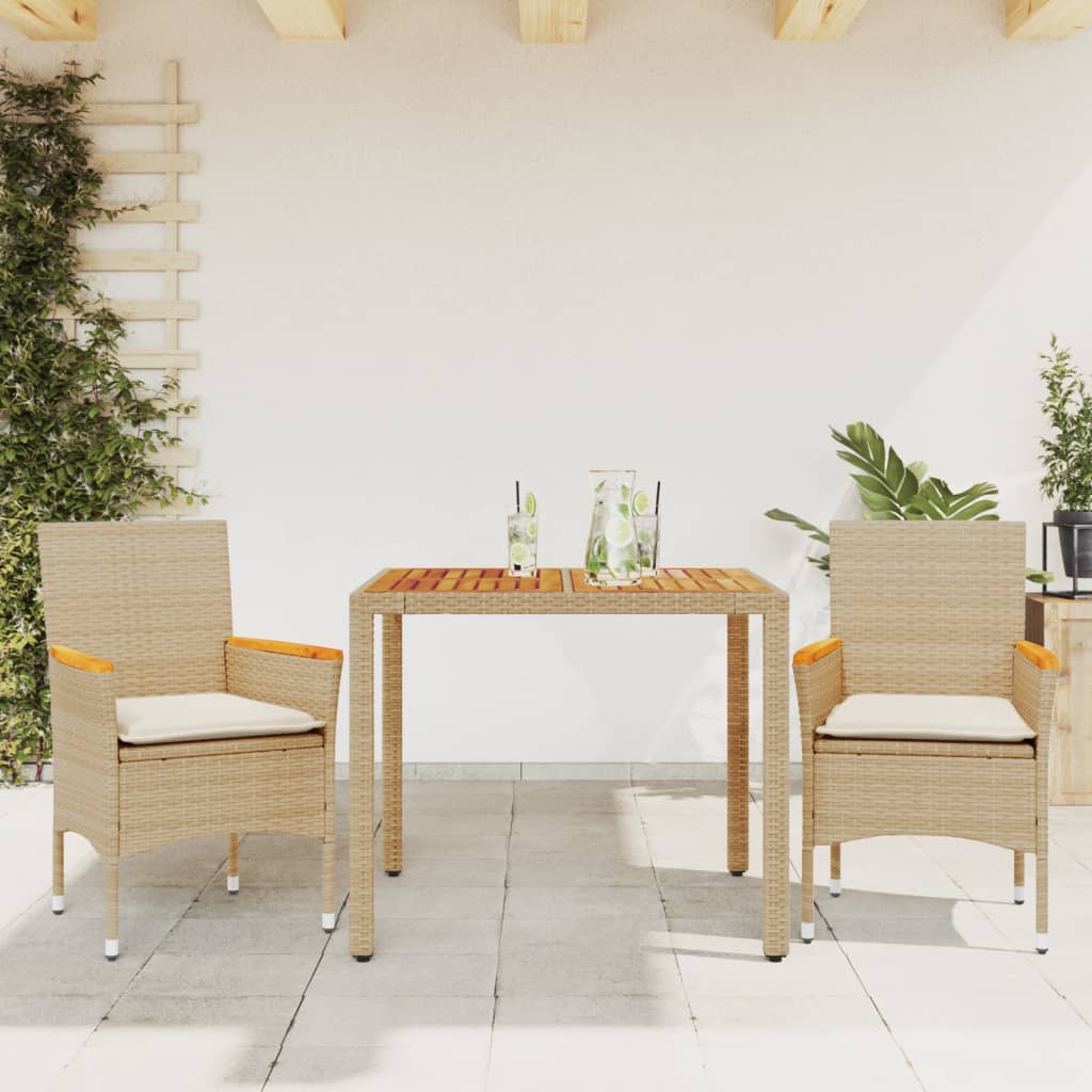 3-tlg. Garten-Essgruppe mit Kissen Schwarz Poly Rattan Akazie