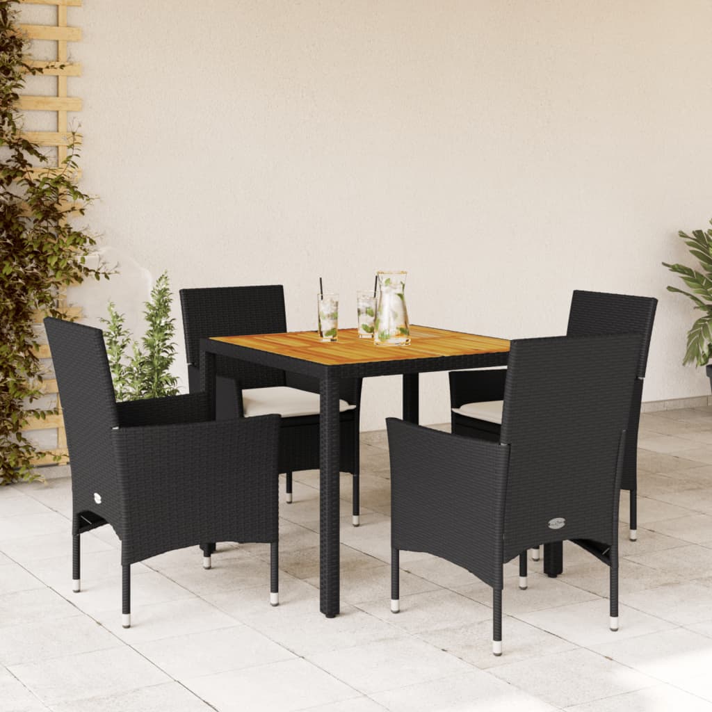 3-tlg. Garten-Essgruppe mit Kissen Schwarz Poly Rattan Akazie