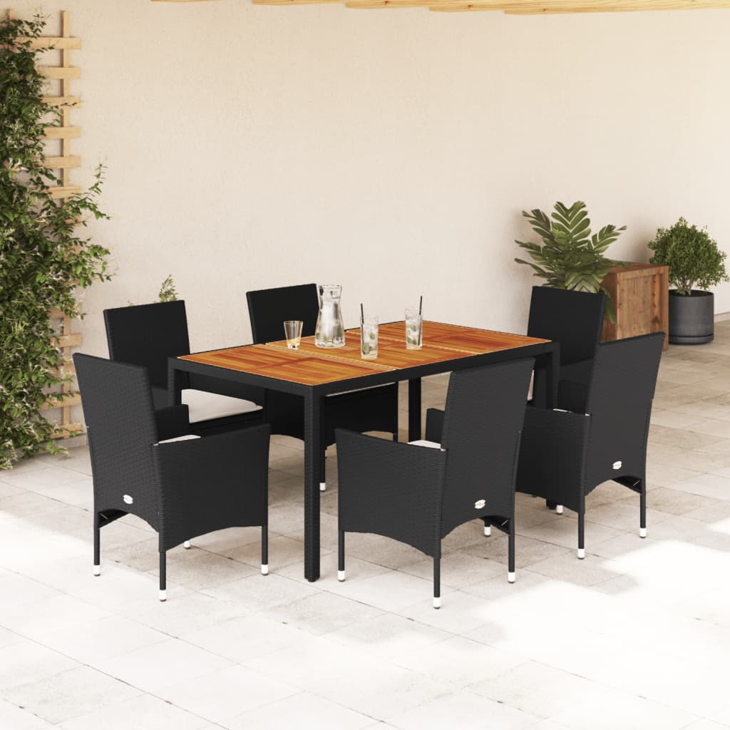 3-tlg. Garten-Essgruppe mit Kissen Schwarz Poly Rattan Akazie