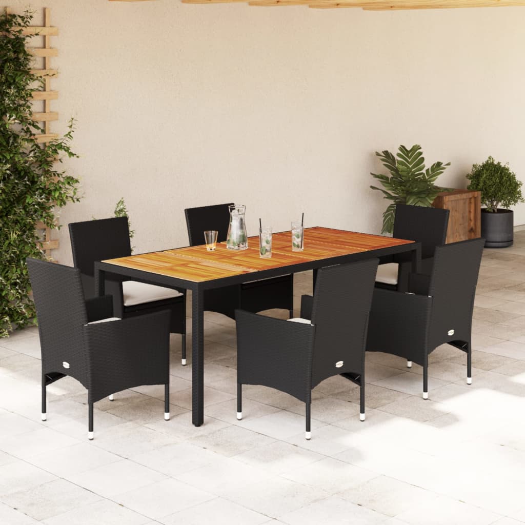 3-tlg. Garten-Essgruppe mit Kissen Schwarz Poly Rattan Akazie