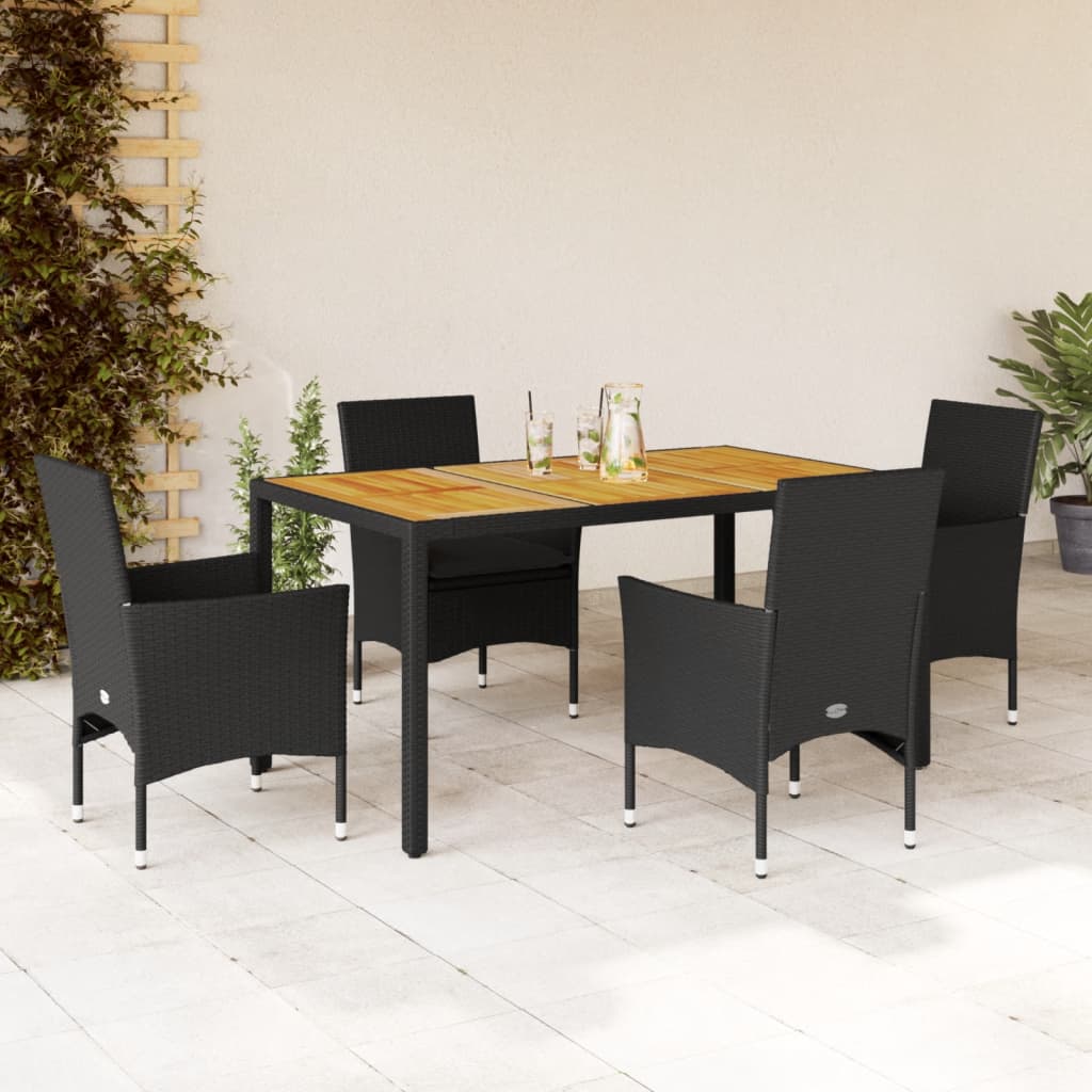 3-tlg. Garten-Essgruppe mit Kissen Schwarz Poly Rattan Akazie