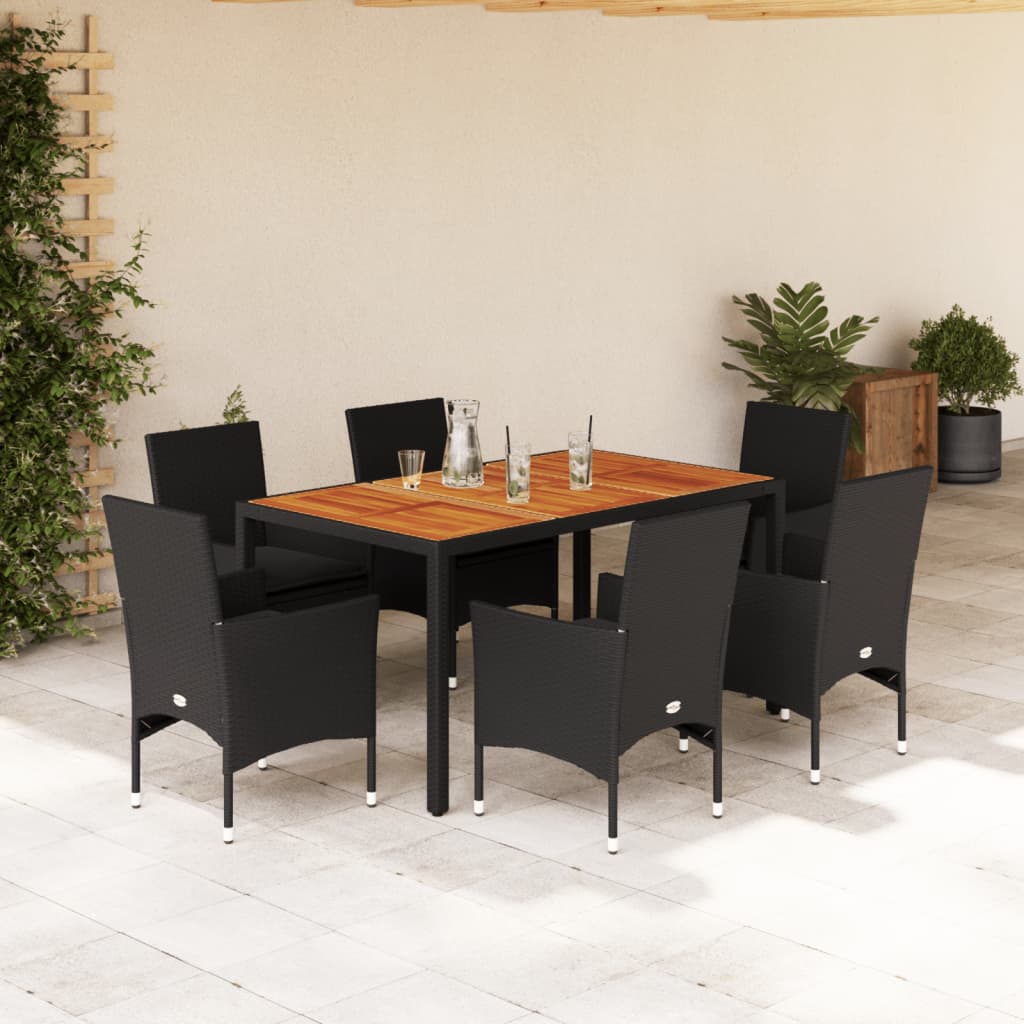 3-tlg. Garten-Essgruppe mit Kissen Schwarz Poly Rattan Akazie
