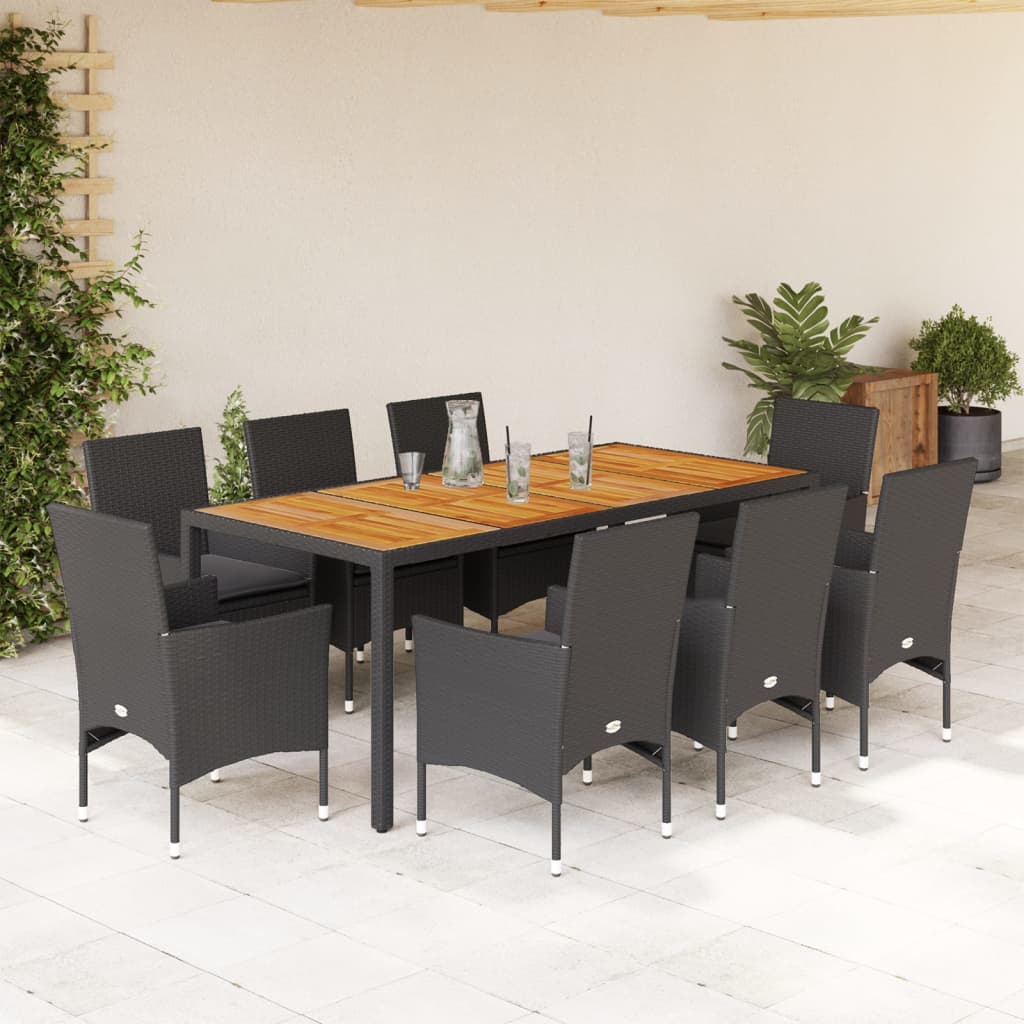 3-tlg. Garten-Essgruppe mit Kissen Schwarz Poly Rattan Akazie