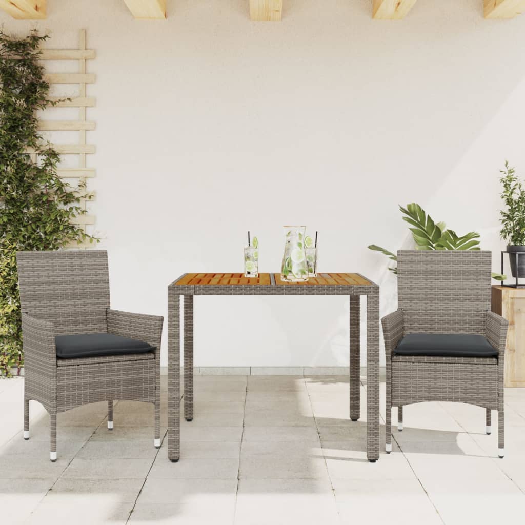 3-tlg. Garten-Essgruppe mit Kissen Schwarz Poly Rattan Akazie
