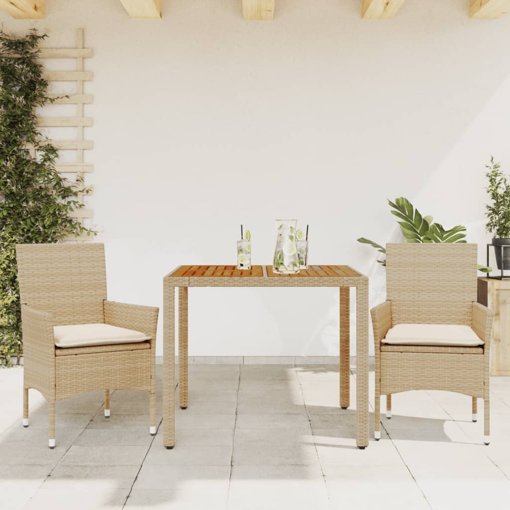 3-tlg. Garten-Essgruppe mit Kissen Schwarz Poly Rattan Akazie