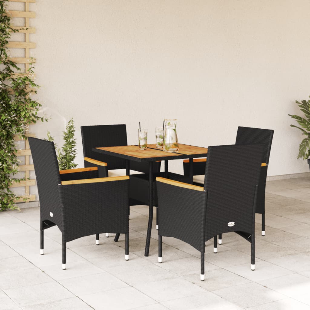 3-tlg. Garten-Essgruppe mit Kissen Schwarz Poly Rattan Akazie