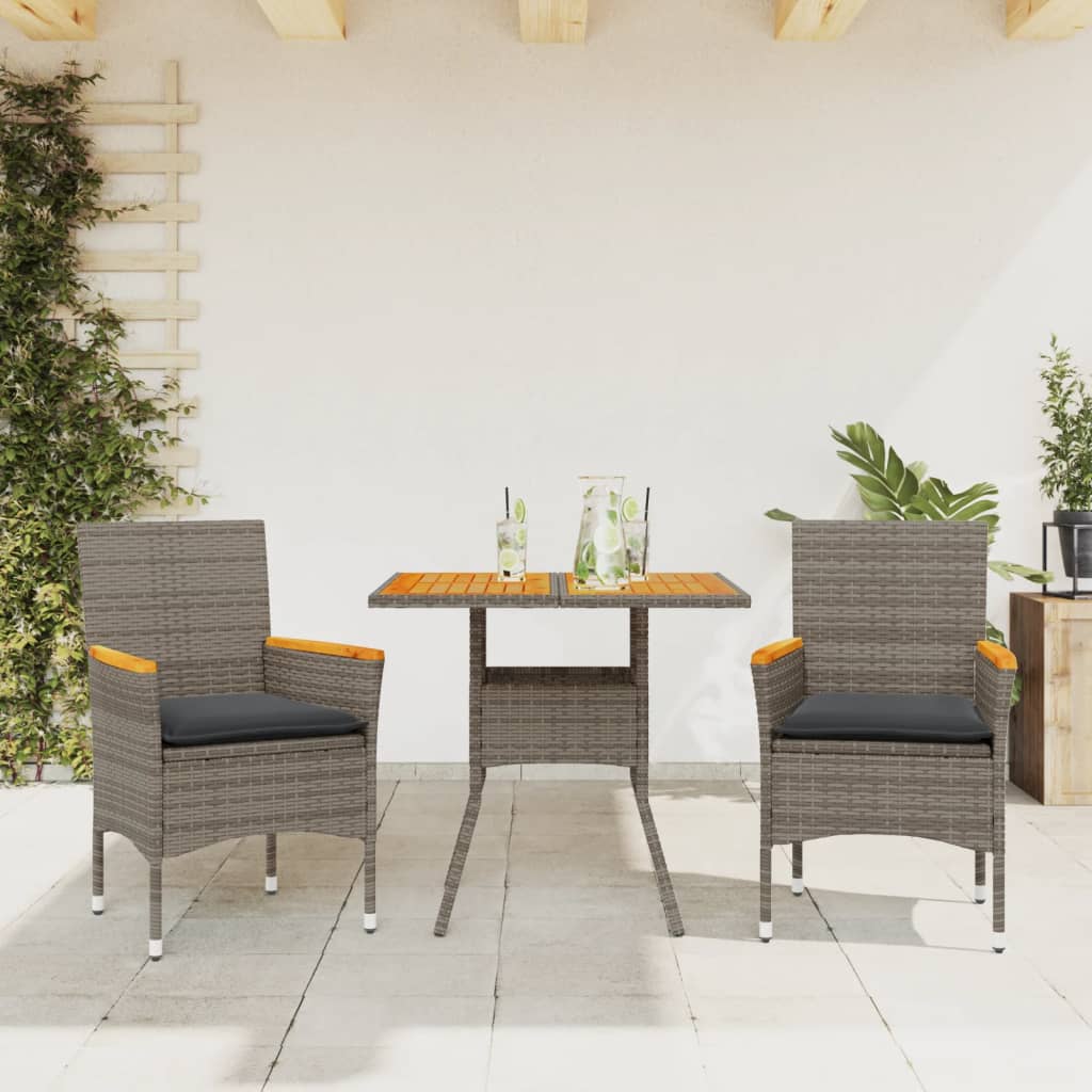 3-tlg. Garten-Essgruppe mit Kissen Schwarz Poly Rattan Akazie