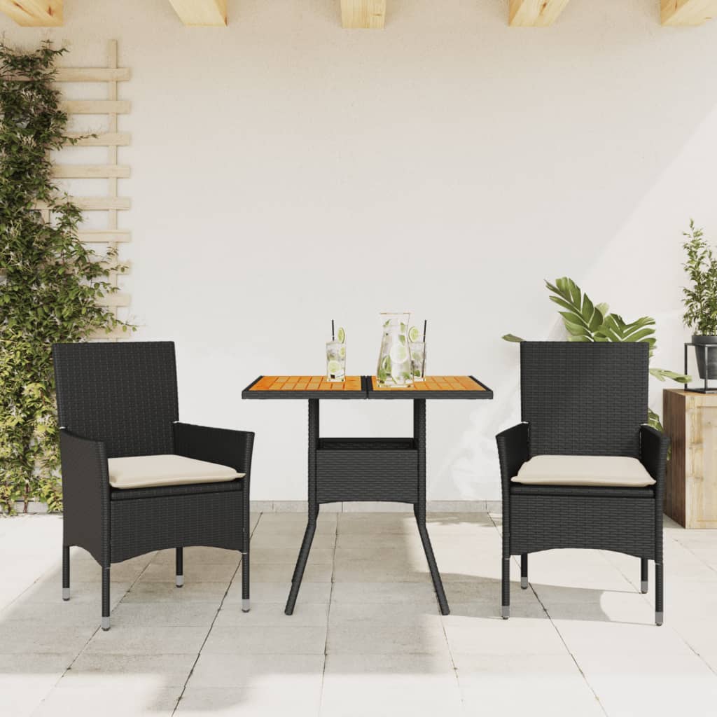 3-tlg. Garten-Essgruppe mit Kissen Schwarz Poly Rattan Glas