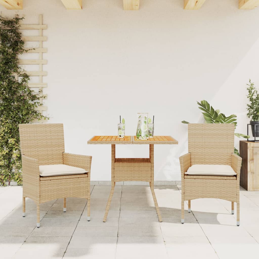 3-tlg. Garten-Essgruppe mit Kissen Schwarz Poly Rattan Glas