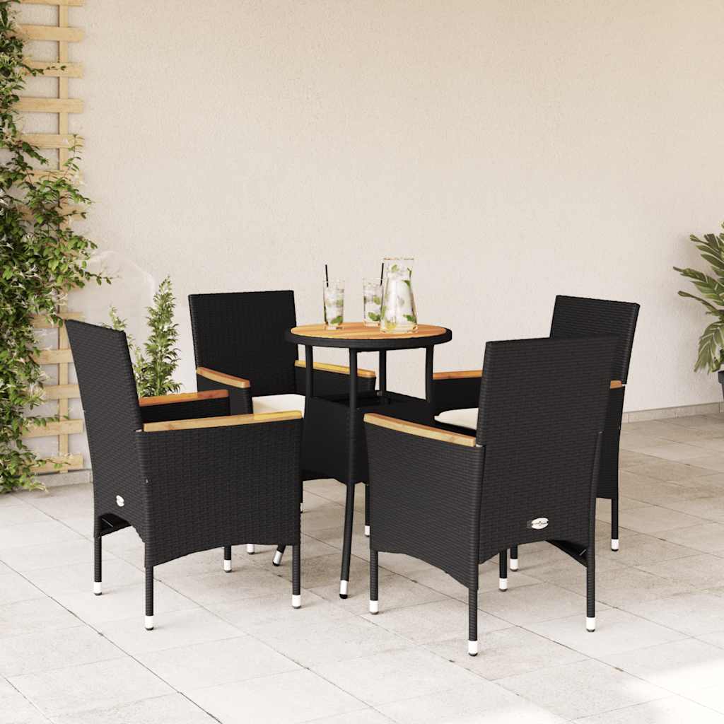 3-tlg. Garten-Essgruppe mit Kissen Schwarz Poly Rattan Akazie