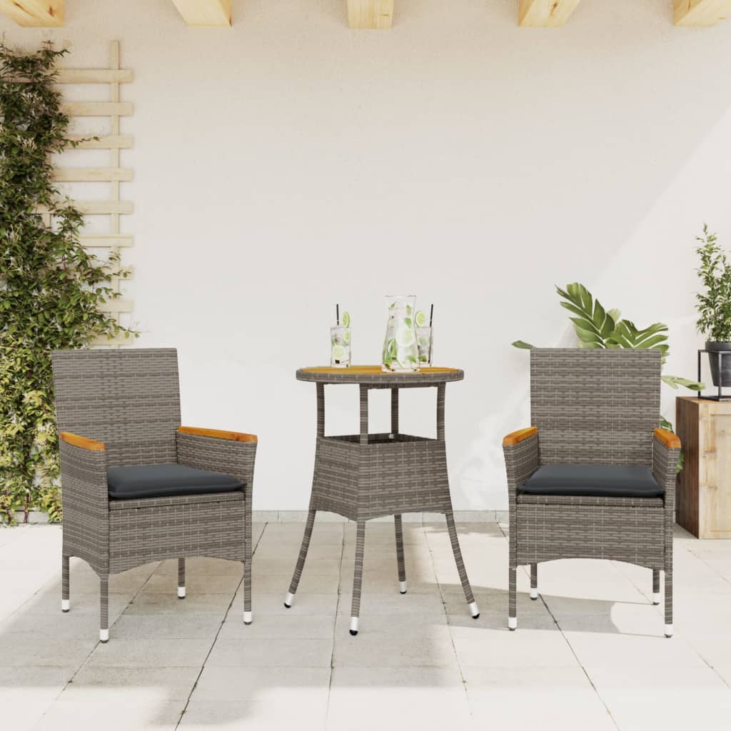 3-tlg. Garten-Essgruppe mit Kissen Schwarz Poly Rattan Akazie