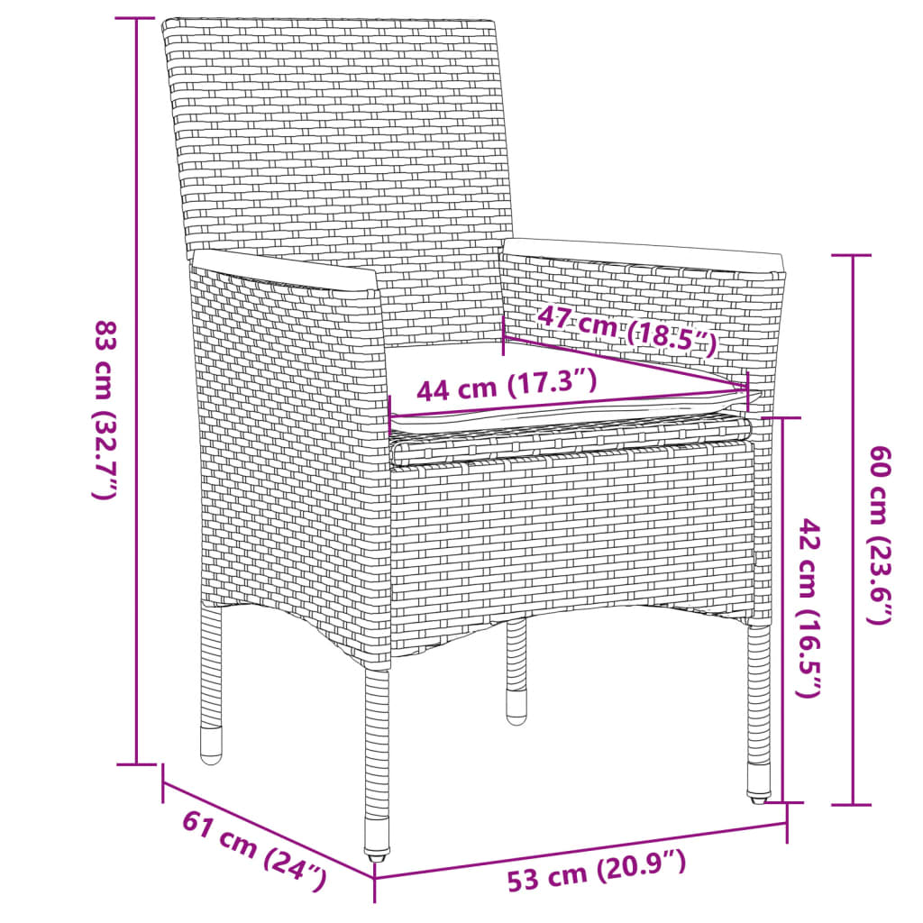 3-tlg. Garten-Essgruppe mit Kissen Schwarz Poly Rattan Glas
