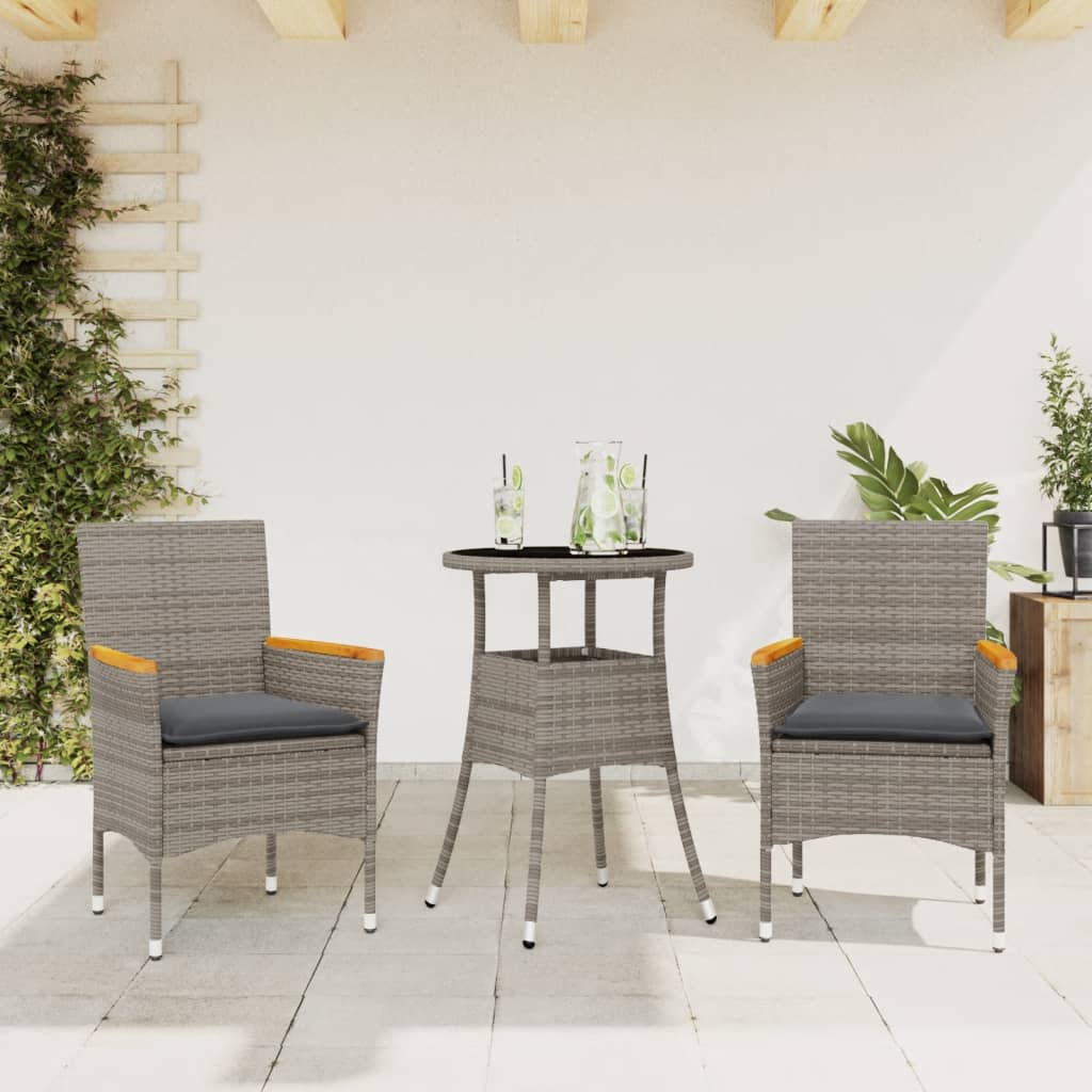 3-tlg. Garten-Essgruppe mit Kissen Schwarz Poly Rattan Glas