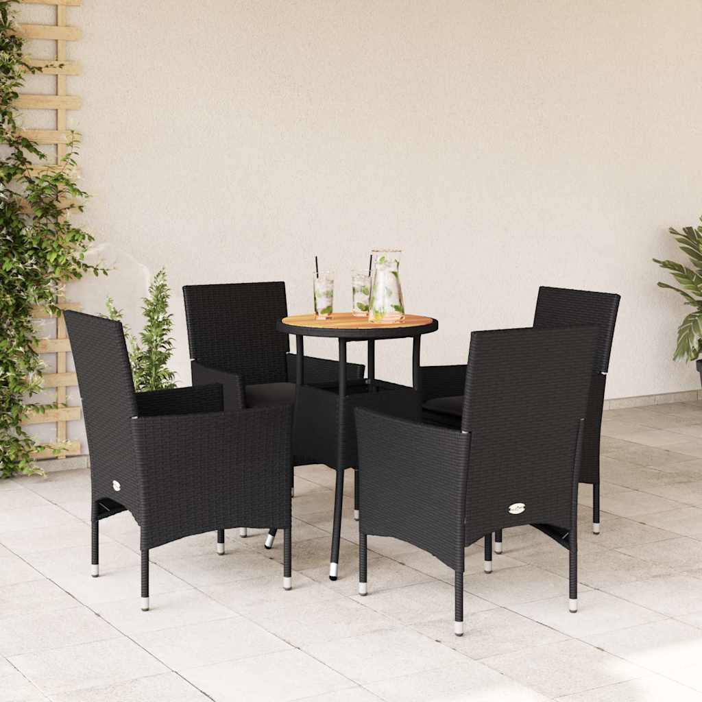3-tlg. Garten-Essgruppe mit Kissen Schwarz Poly Rattan Akazie