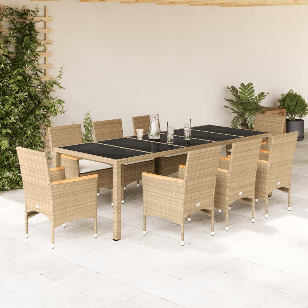 9-tlg. Garten-Essgruppe mit Kissen Grau Poly Rattan und Glas