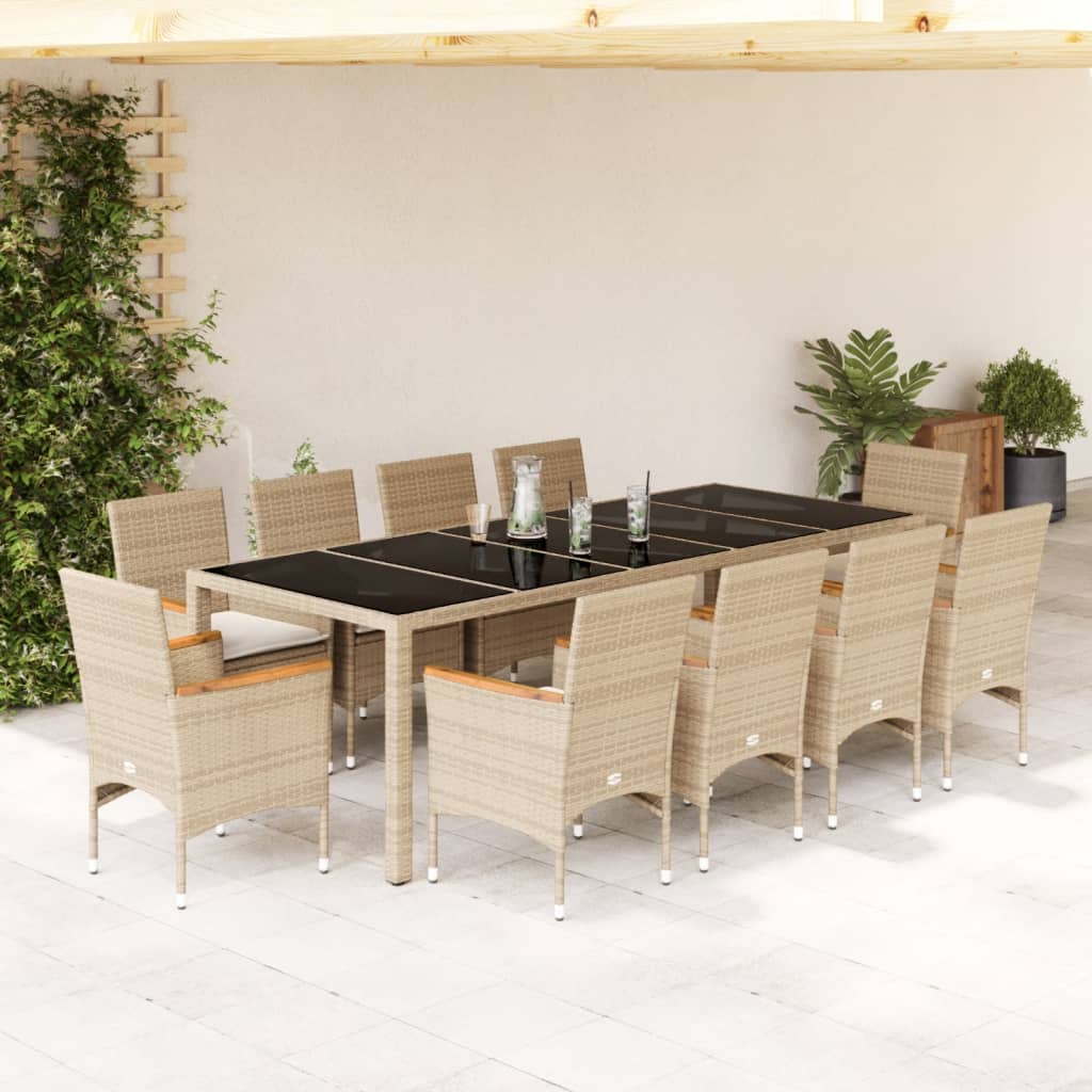9-tlg. Garten-Essgruppe mit Kissen Grau Poly Rattan und Glas