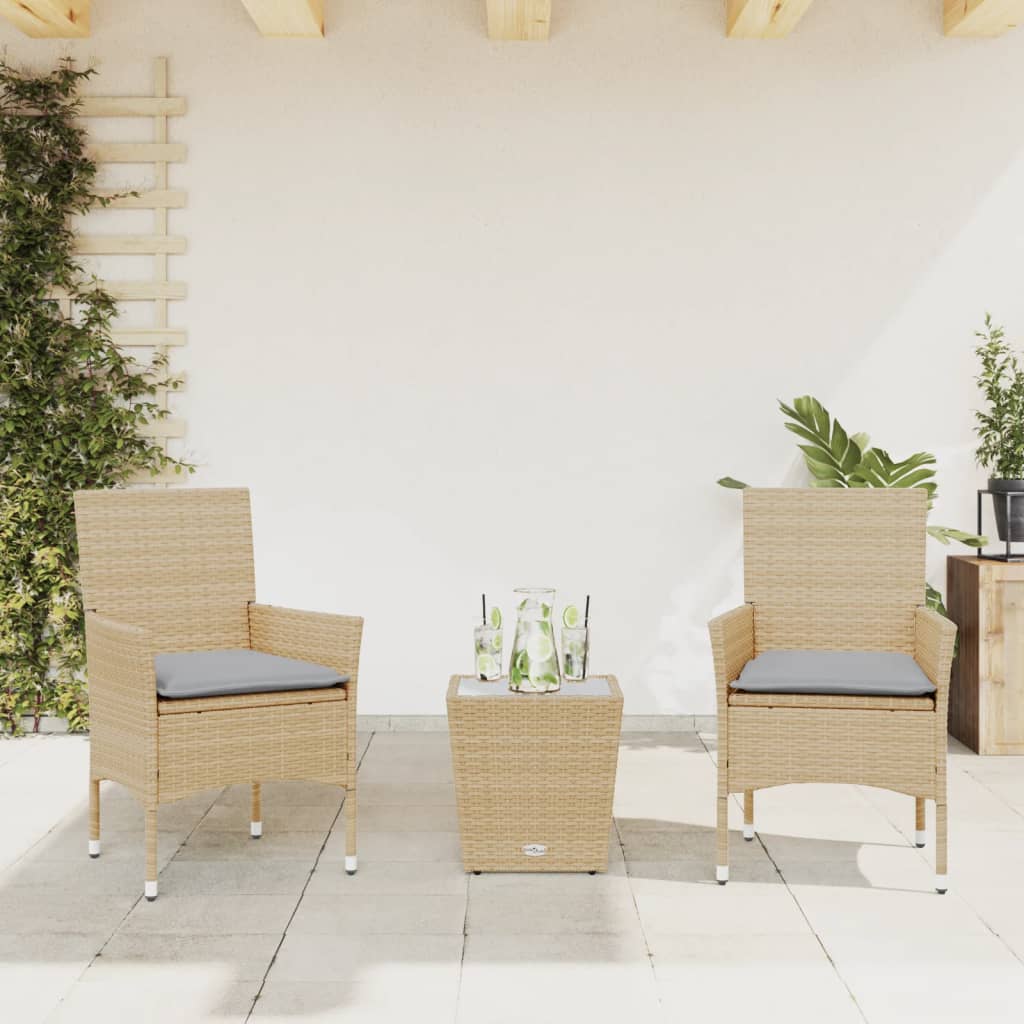 3-tlg. Bistro-Set mit Kissen Schwarz Poly Rattan und Glas
