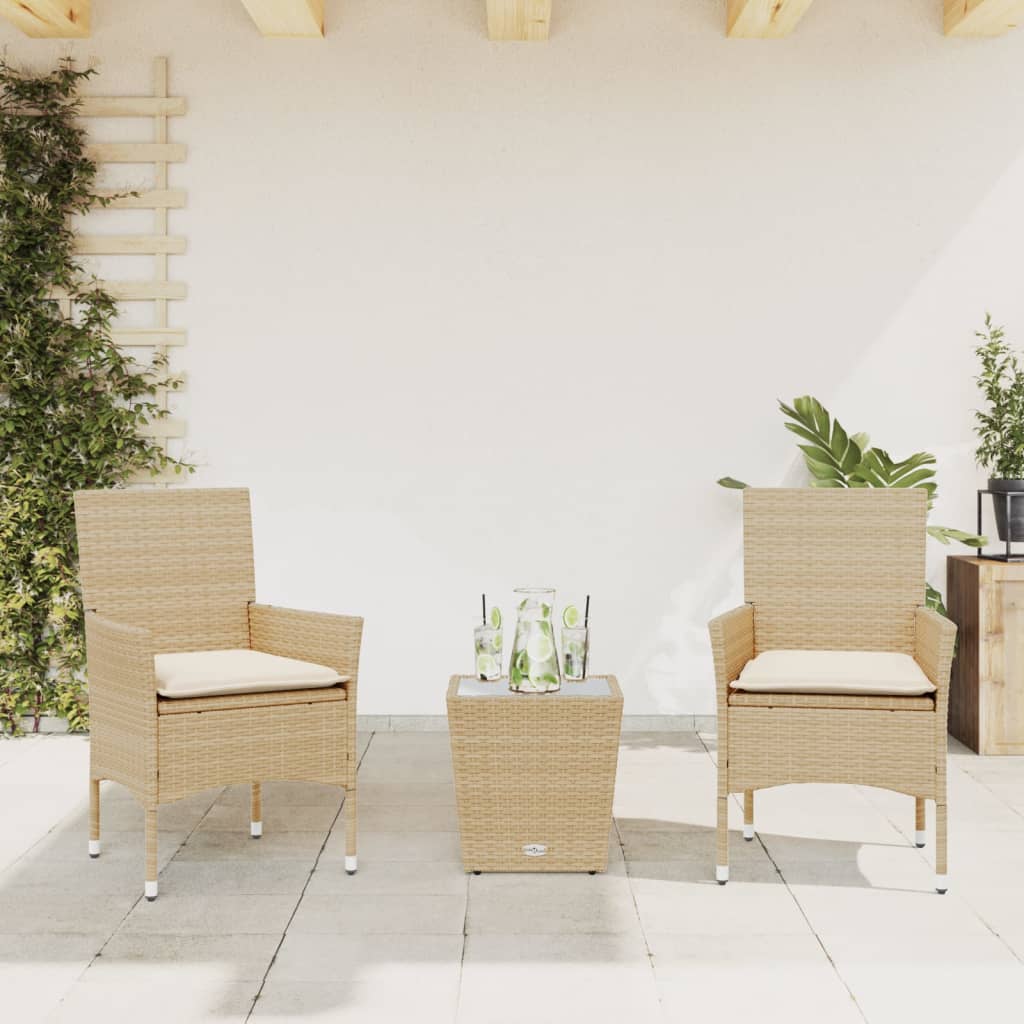 3-tlg. Bistro-Set mit Kissen Schwarz Poly Rattan und Glas