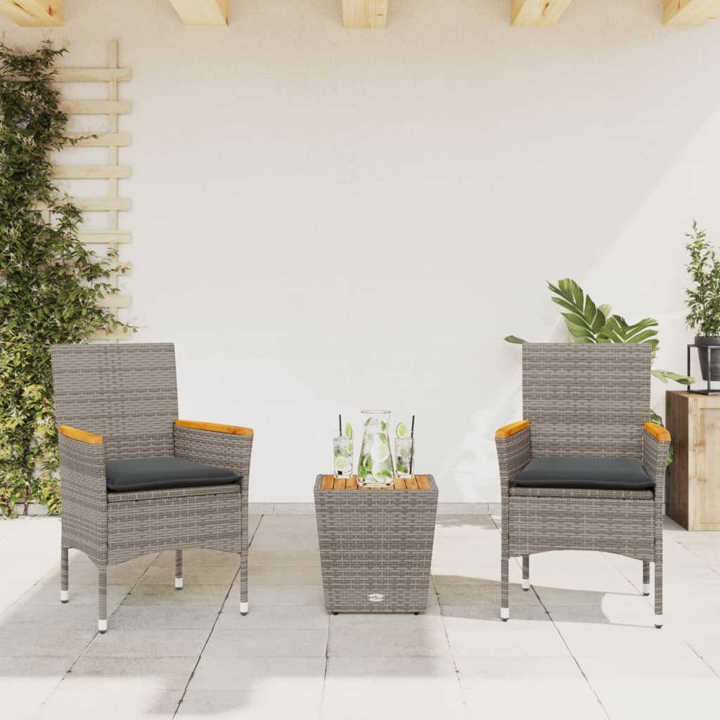 3-tlg. Bistro-Set mit Kissen Schwarz Poly Rattan und Glas