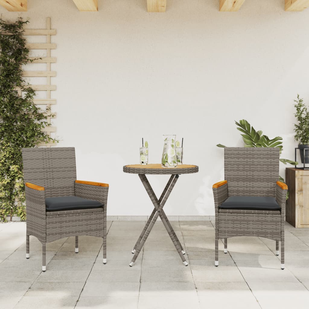 3-tlg. Bistro-Set mit Kissen Schwarz Poly Rattan und Glas