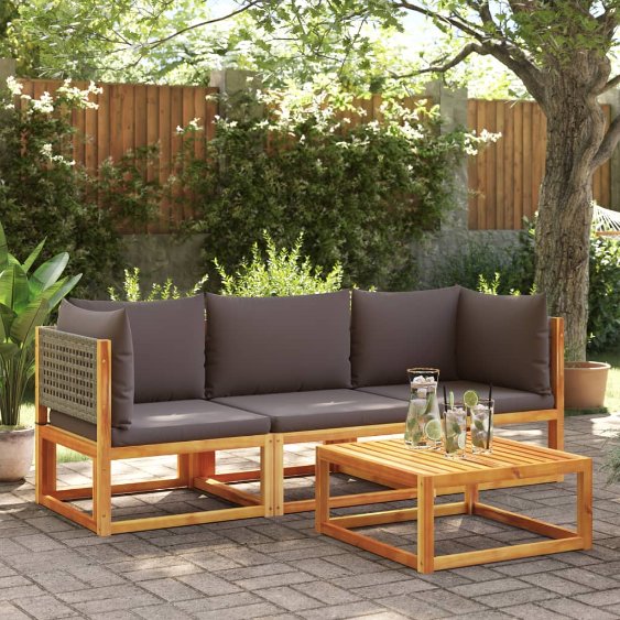 6-tlg. Gartensofa-Set mit Kissen Holz Akazie & Rattan