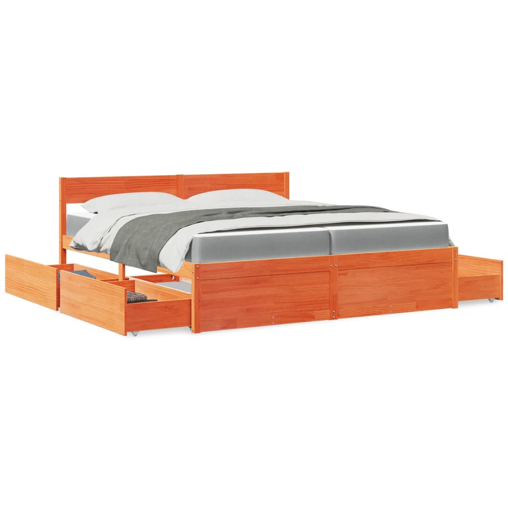 Bett mit Schubladen und Matratze 200x200 cm Massivholz Kiefer