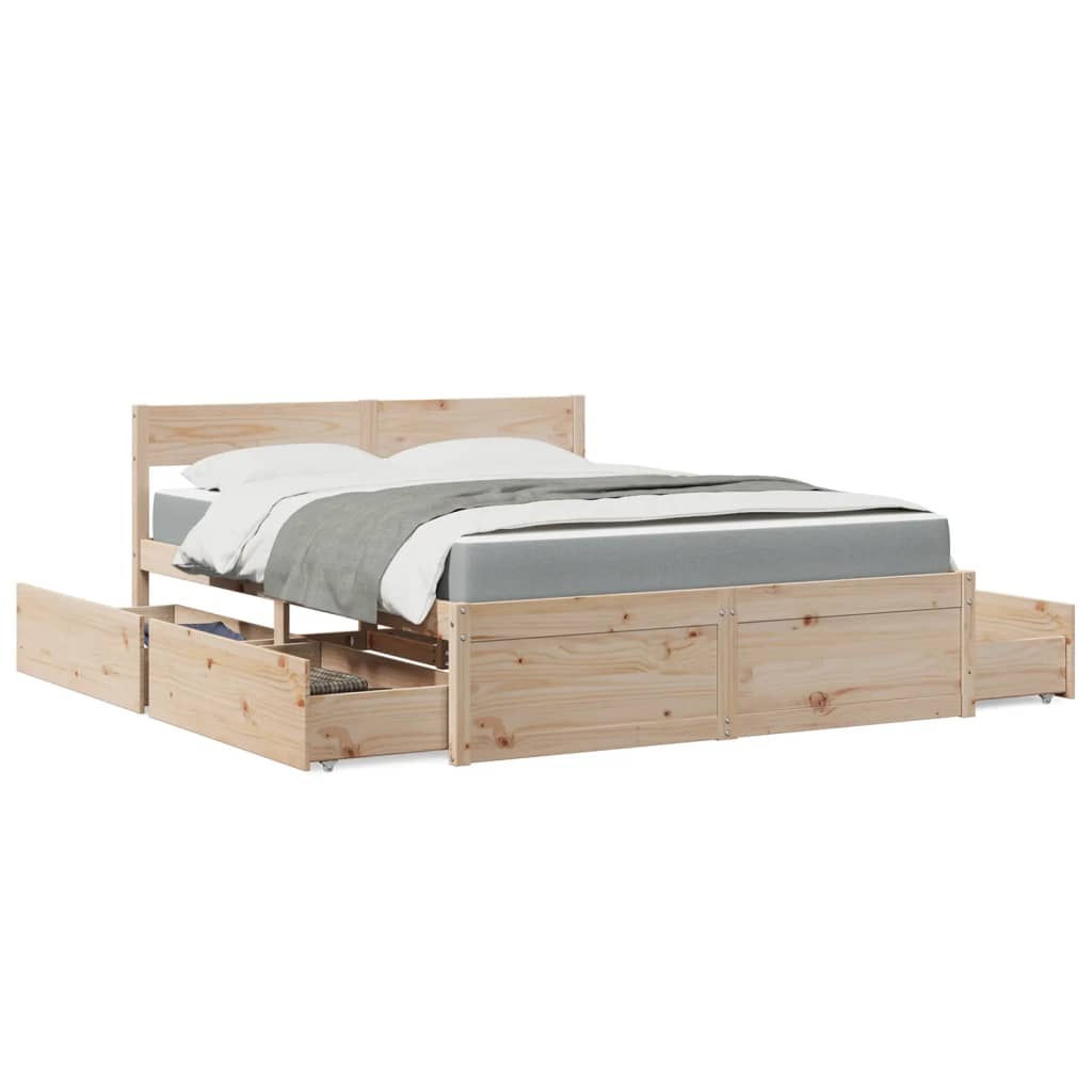 Bett mit Schubladen und Matratze 200x200 cm Massivholz Kiefer